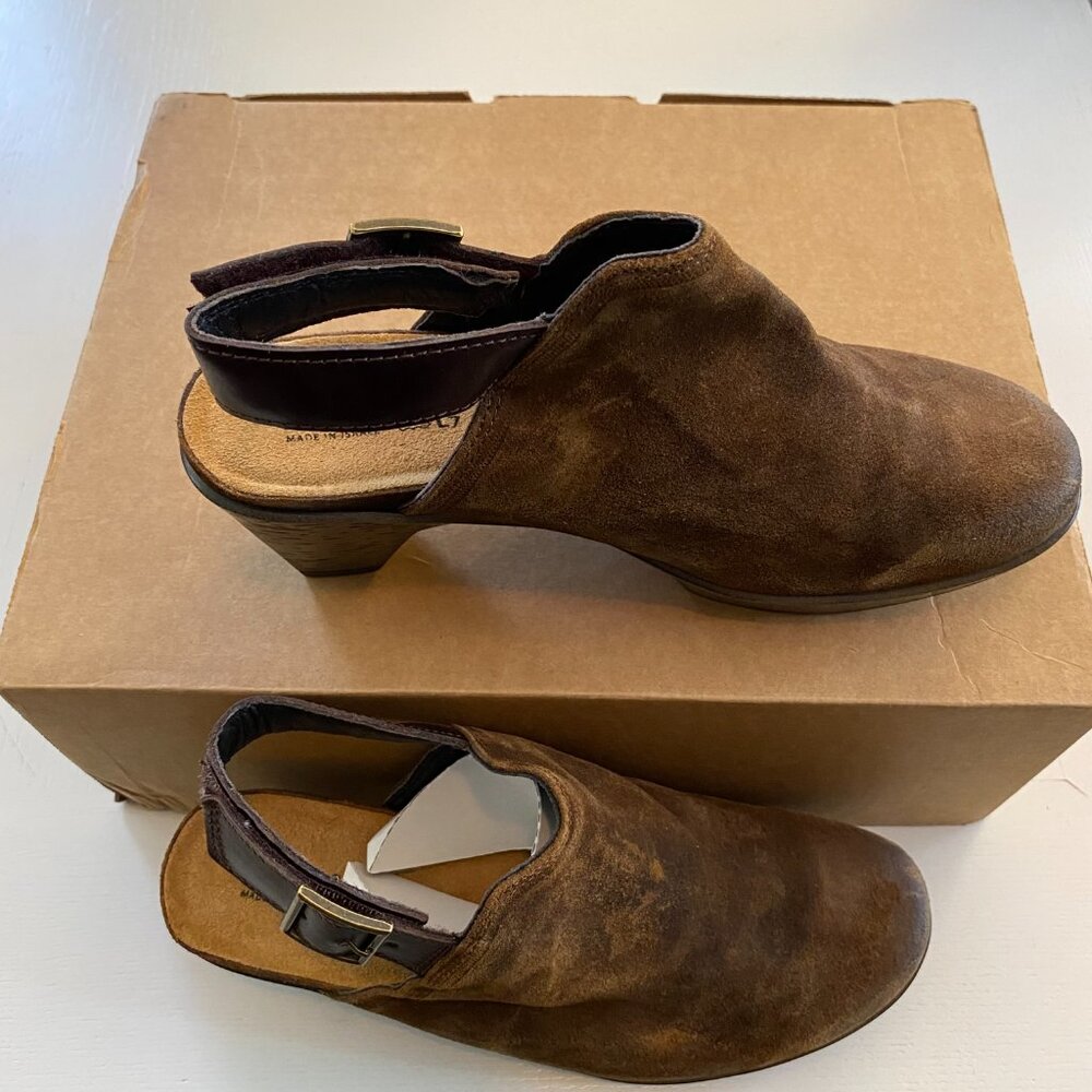 NIB NEW Naot Distressed Suede Open Heel Bootie Clog Dark Brown Women's 7